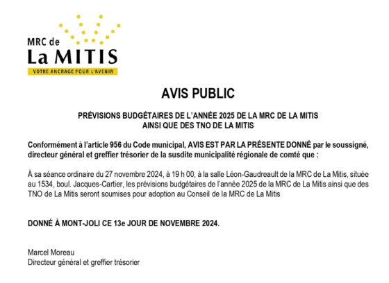 Prévisions budgétaires de l’année 2025 de la MRC de La Mitis ainsi que des TNO de La Mitis